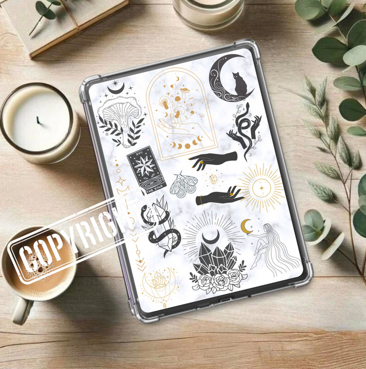 Kindle case with handmade fantasy mystical moon design featuring black cats, moons, and gold floral accents on white. - Kindle Insert - Fantasy Mystical Moon