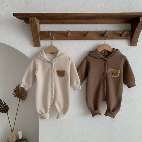 Teddy Hooded Romper Zip Up Bodysuit Hippo Boutique