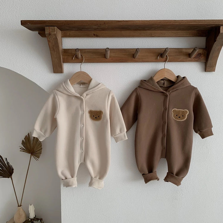 Teddy Hooded Romper Zip Up Bodysuit Hippo Boutique