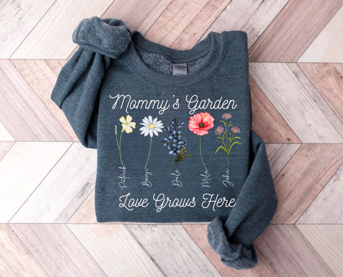 Custom Grandmas Garden Sweatshirt with kids names and birth flowers Hippo Boutique