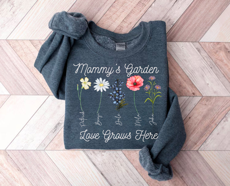 Custom Grandmas Garden Sweatshirt with kids names and birth flowers Hippo Boutique
