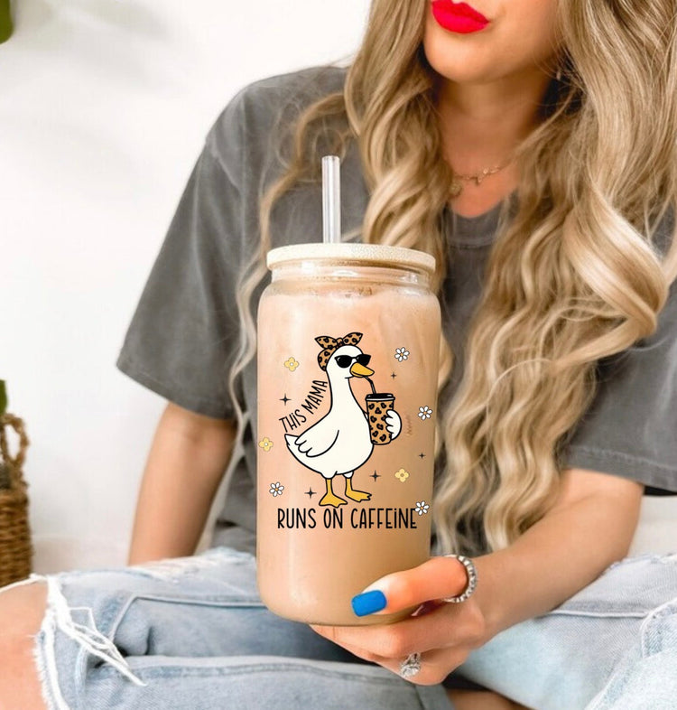 This Mama Runs on Caffeine Goose glass Tumbler Hippo Boutique