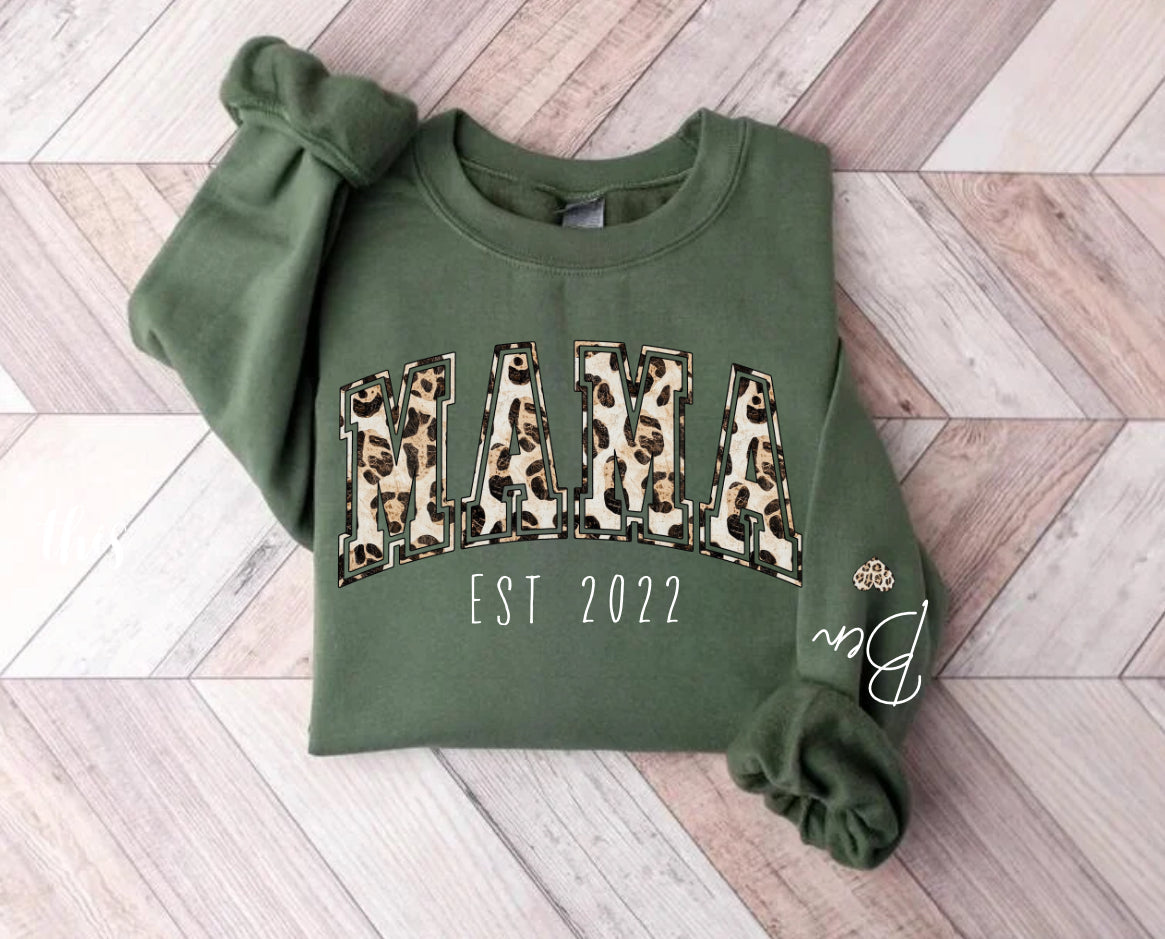 Custom Mama Leaopard Print Sweatshirt with children’s name on sleeve Hippo Boutique