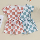 Checkered print waffle knit Baby and Toddler t-shirt & shorts outfit Hippo Boutique