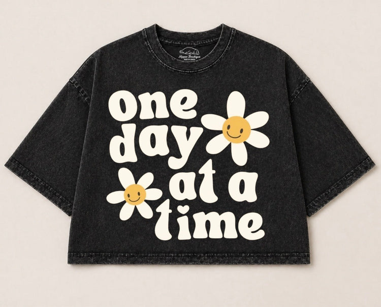 Oversized Washed Cropped T-Shirts - One Day at a time Hippo Boutique