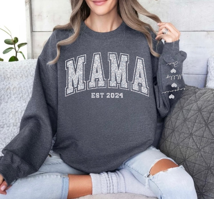 (Copy) Glitter Mama Sweatshirt with children’s name on sleeve Hippo Boutique
