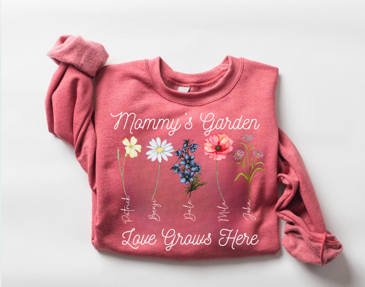 Custom Grandmas Garden Sweatshirt with kids names and birth flowers Hippo Boutique