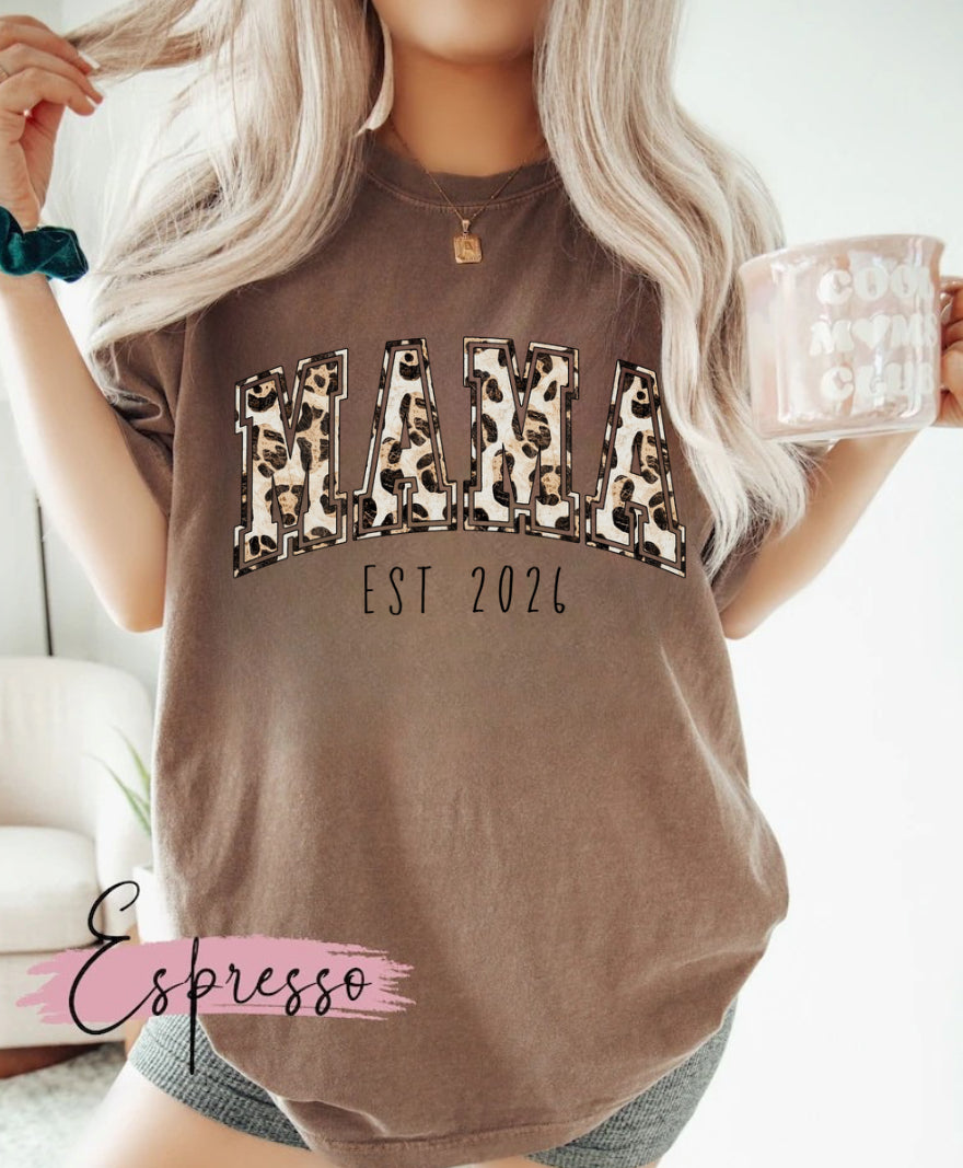 Leopard Print Mama with EST Date Women’s T-Shirt Hippo Boutique