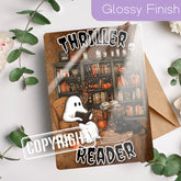 Glossy Kindle insert with cute ghost reading, thriller theme, handmade cozy design. - Kindle Insert - Cute Thriller Reader Ghost