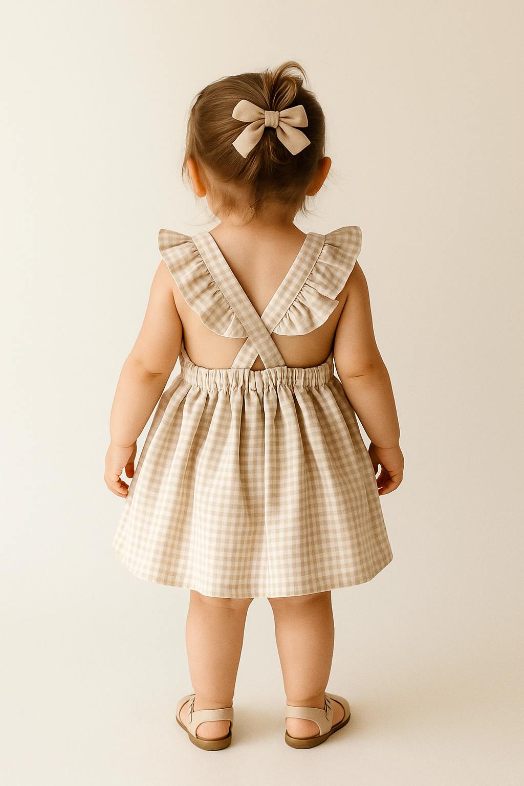 Baby wearing handmade organic beige cotton linen dress with ruffled straps and matching bow hair clip. - Sleeveless Cotton Linen Dress Outfit