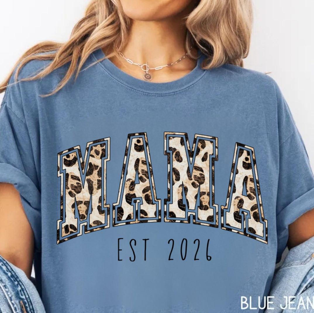 Leopard Print Mama with EST Date Women’s T-Shirt Hippo Boutique