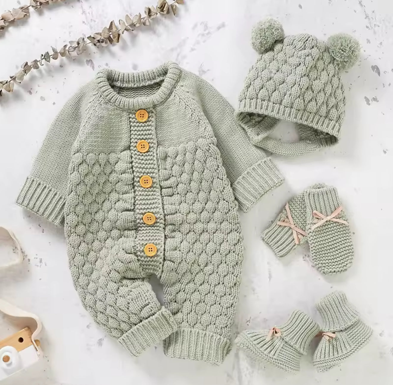 Baby Knit Bodysuit Set with Boots Hat & Mitts Hippo Boutique