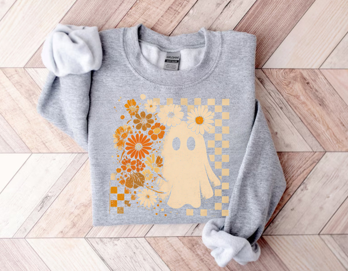Women’s Halloween Sweatshirts & Hoodies - Checkered Floral Ghost Hippo Boutique
