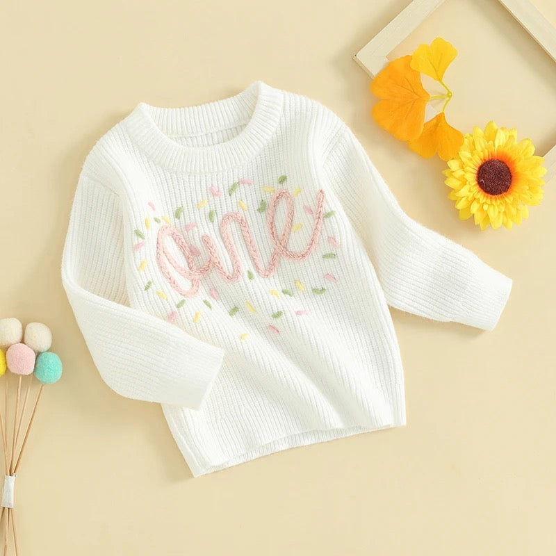 Babies First Birthday Confetti Embroidered Knit Sweaters