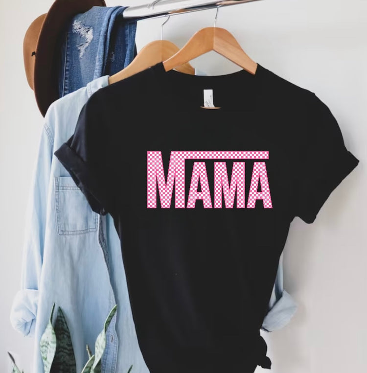 Pink Checkered Mama T-Shirts Hippo Boutique