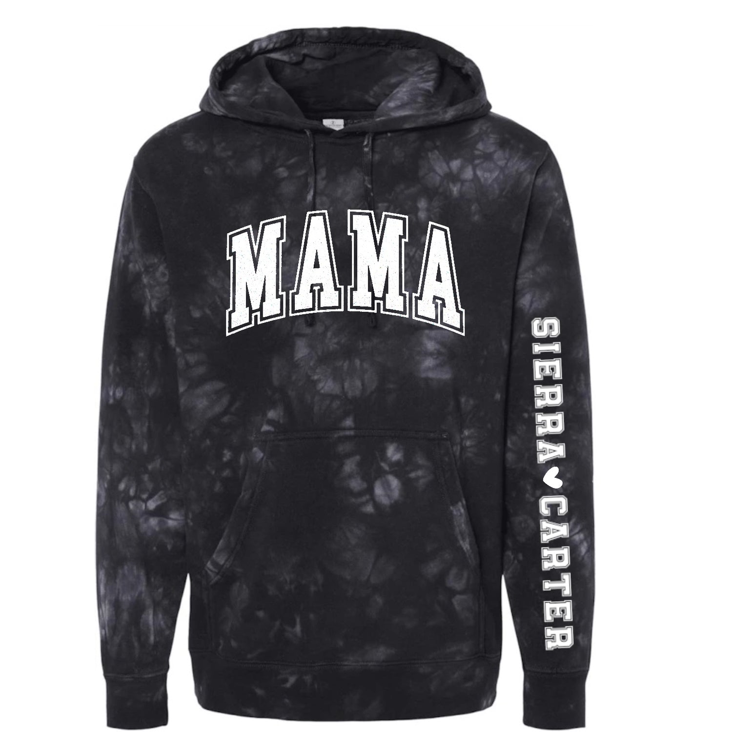 Custom Varsity Mama Tie Dye Hoodies with children’s name on sleeve Hippo Boutique