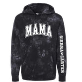 Custom Varsity Mama Tie Dye Hoodies with children’s name on sleeve Hippo Boutique