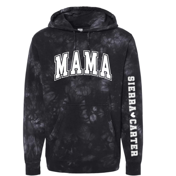 Custom Varsity Mama Tie Dye Hoodies with children’s name on sleeve Hippo Boutique