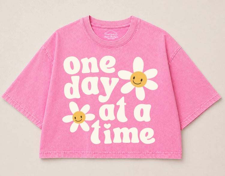 Oversized Washed Cropped T-Shirts - One Day at a time Hippo Boutique