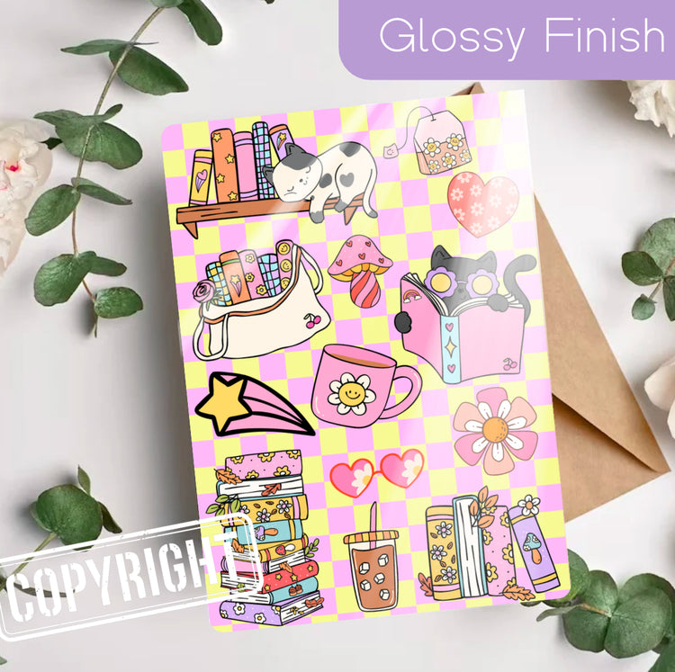 Glossy handmade Kindle insert with cute retro bookish cat and colorful bookshelf design. - Kindle Insert - Cute Retro Bookish Cat