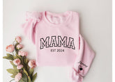 Custom Varsity Mama Sweatshirt with children’s name on sleeve Hippo Boutique