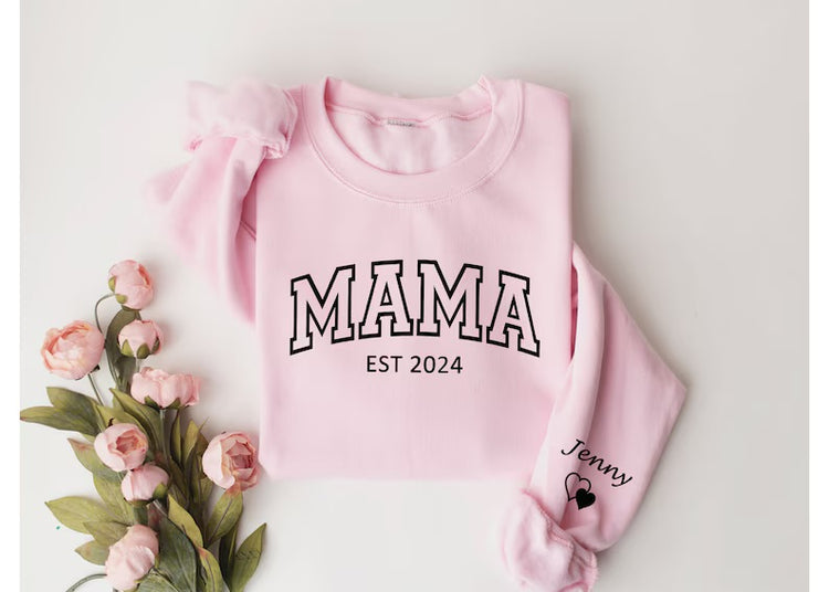 Custom Varsity Mama Sweatshirt with children’s name on sleeve Hippo Boutique