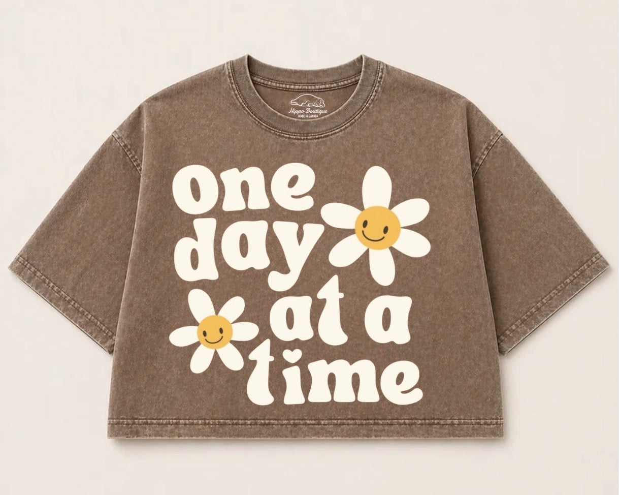 Oversized Washed Cropped T-Shirts - One Day at a time Hippo Boutique