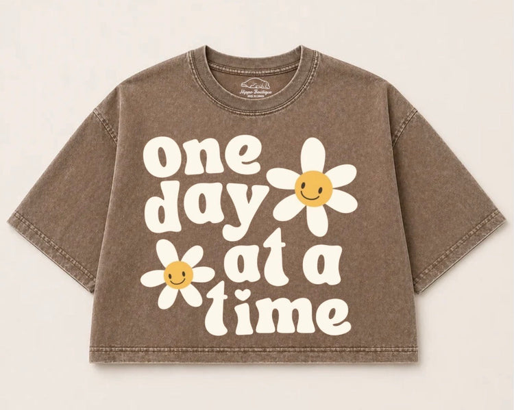 Oversized Washed Cropped T-Shirts - One Day at a time Hippo Boutique