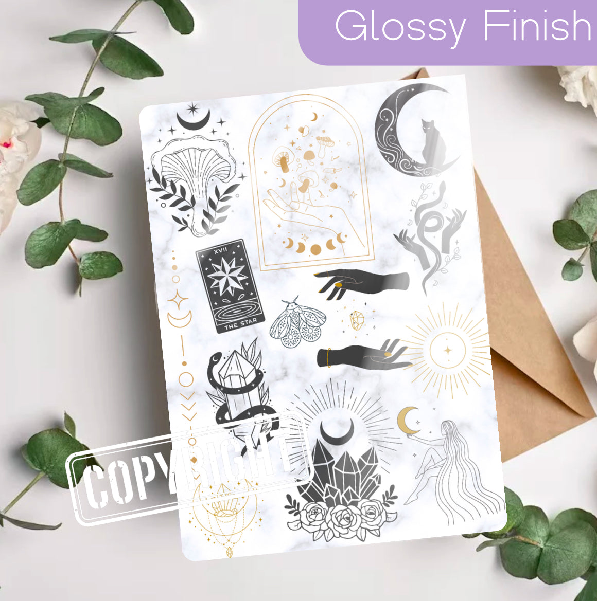Glossy Kindle insert with black and gold mystical moon and fantasy symbols on white background. - Kindle Insert - Fantasy Mystical Moon