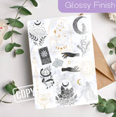 Glossy Kindle insert with black and gold mystical moon and fantasy symbols on white background. - Kindle Insert - Fantasy Mystical Moon