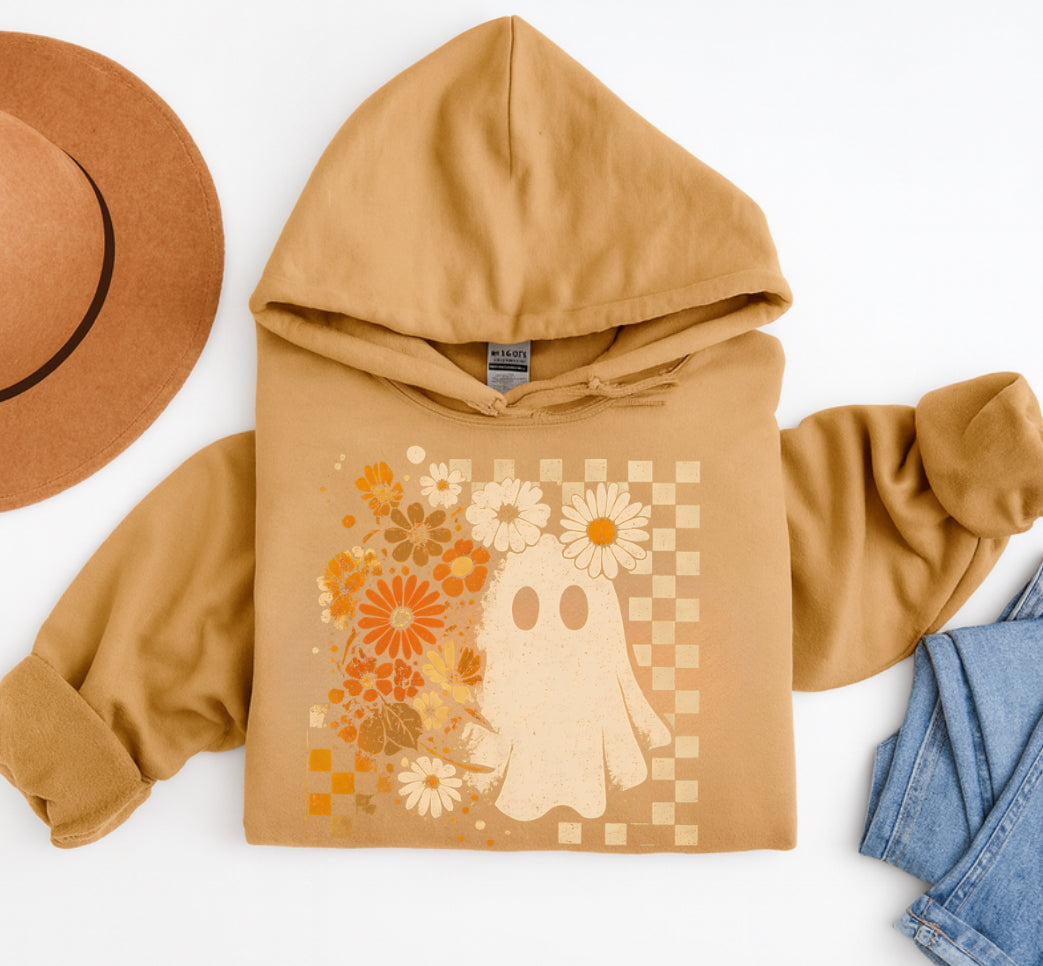 Women’s Halloween Sweatshirts & Hoodies - Checkered Floral Ghost Hippo Boutique