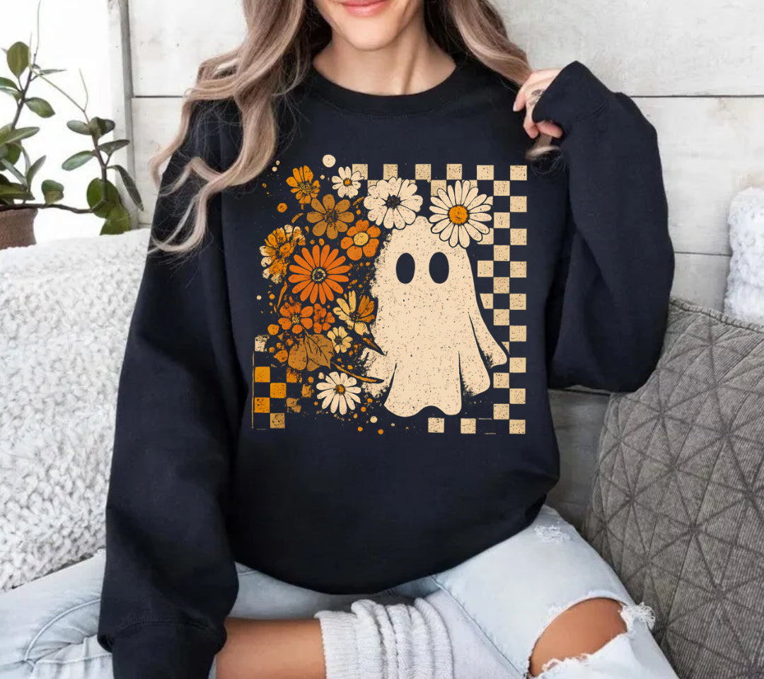Women’s Halloween Sweatshirts & Hoodies - Checkered Floral Ghost Hippo Boutique