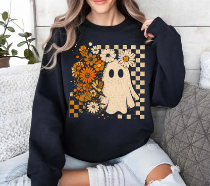Women’s Halloween Sweatshirts & Hoodies - Checkered Floral Ghost Hippo Boutique