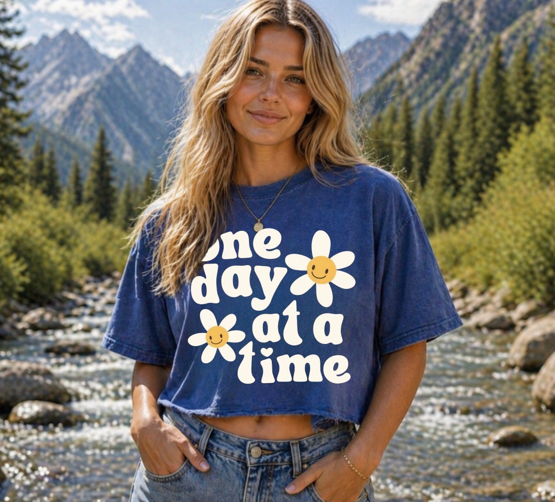 Oversized Washed Cropped T-Shirts - One Day at a time Hippo Boutique
