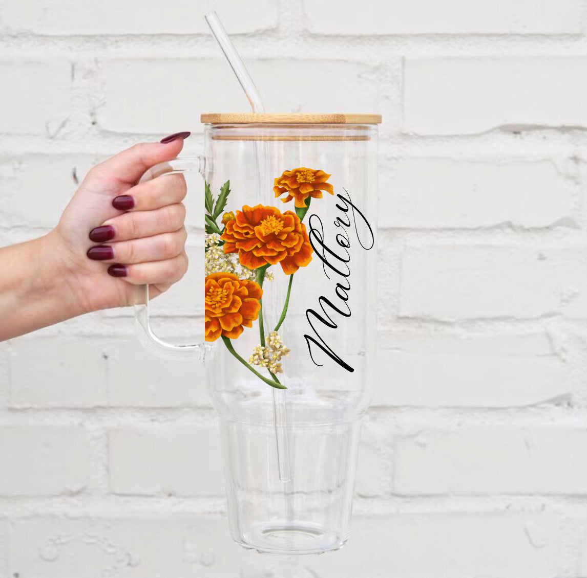 Birth Flower Glass Tumbler Cup Hippo Boutique