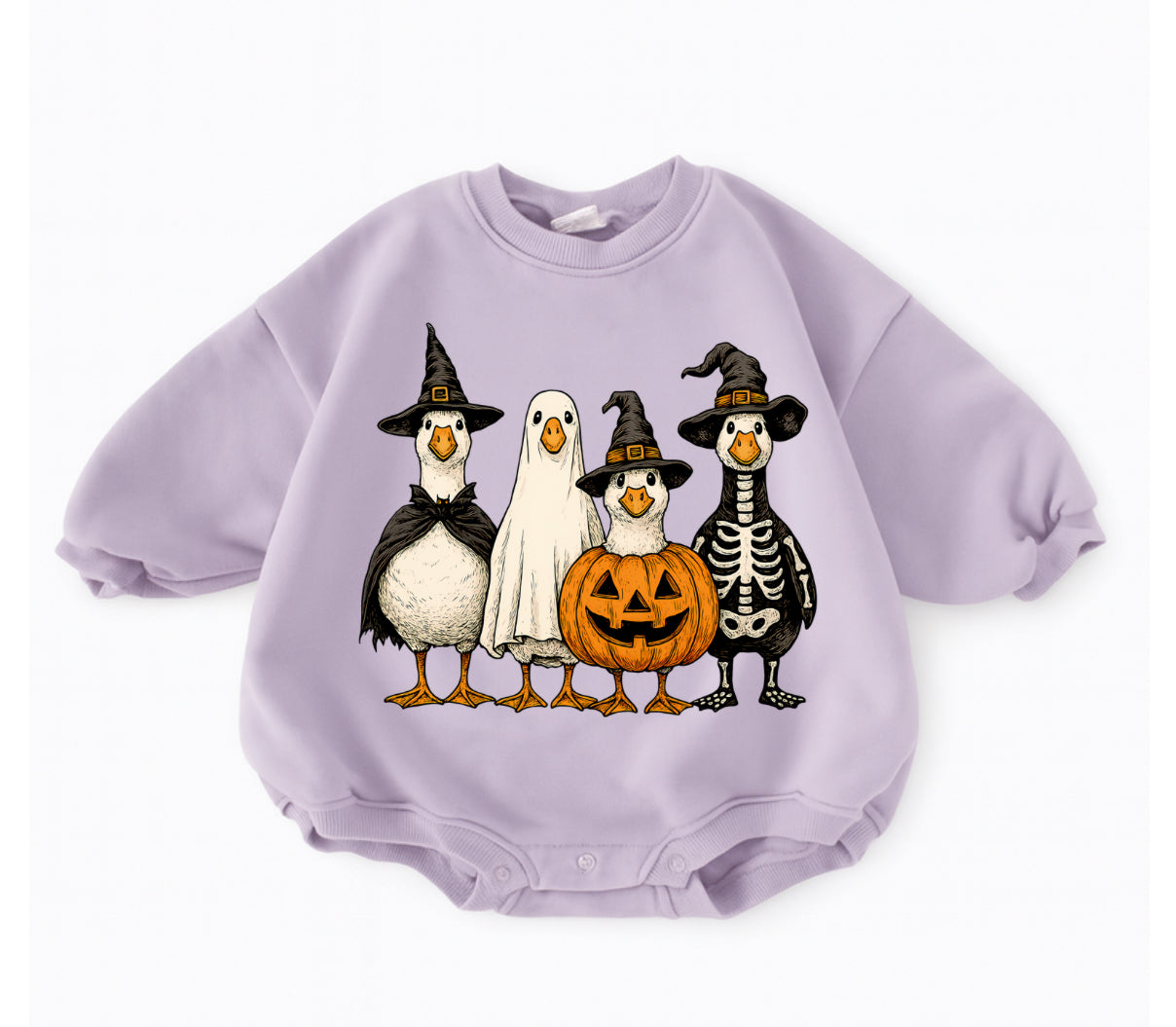 Beautiful 100% cotton baggy pastel baby sweatshirt rompers with adorable spooky Ducks print. 