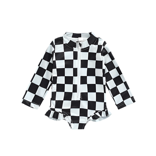 Long Sleeve Ruffled Checkered Swimsuits Hippo Boutique