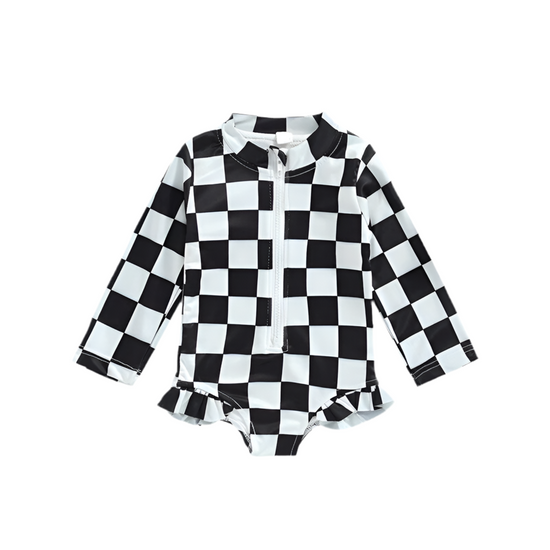 Long Sleeve Ruffled Checkered Swimsuits Hippo Boutique
