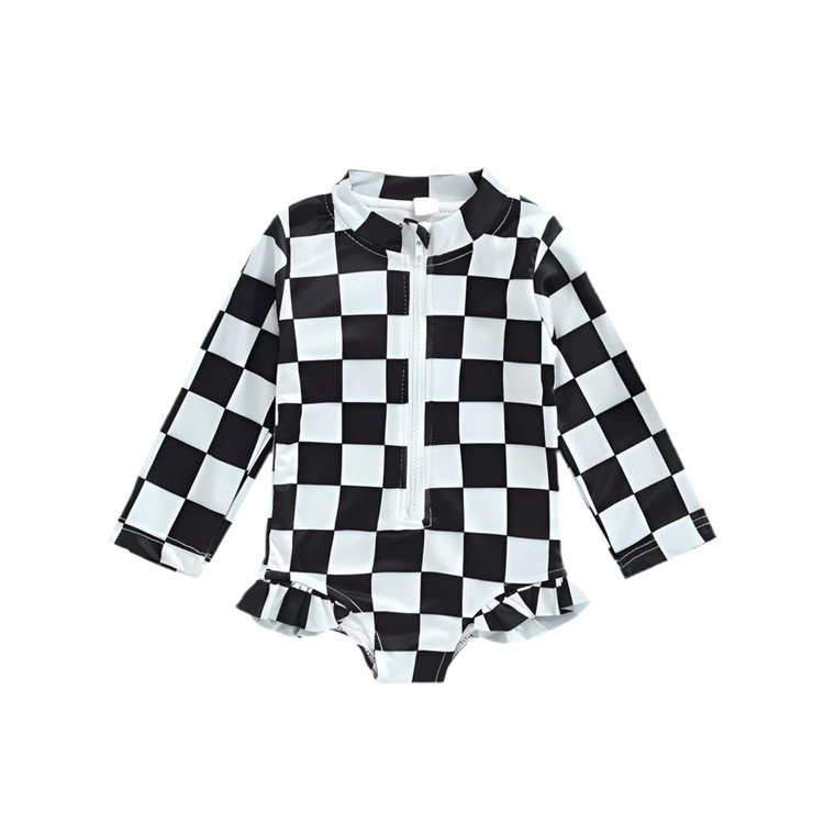 Long Sleeve Ruffled Checkered Swimsuits Hippo Boutique