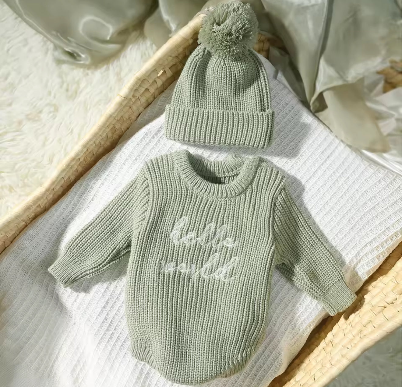 Newborn Baby Knit Bodysuit with Knitted Hat Hippo Boutique