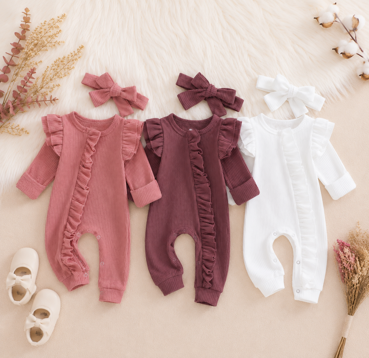 Baby Girl Waffle Knit Ruffle Romper with Matching Bow Headband Hippo Boutique