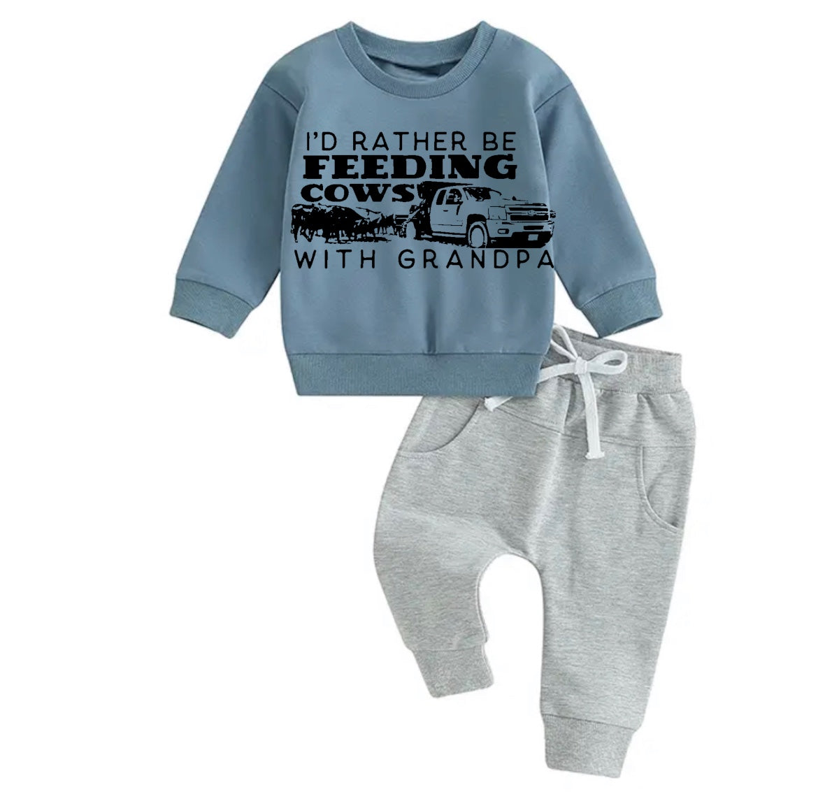 Feeding cows with grandpa Baby Outfit set sweatshirt and pants Hippo Boutique