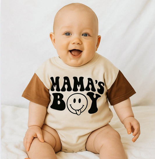 Comfortable baby and kids summer cotton color block romper bodysuit with cute mama’s boy smile print. Gots cotton Hippo Boutique