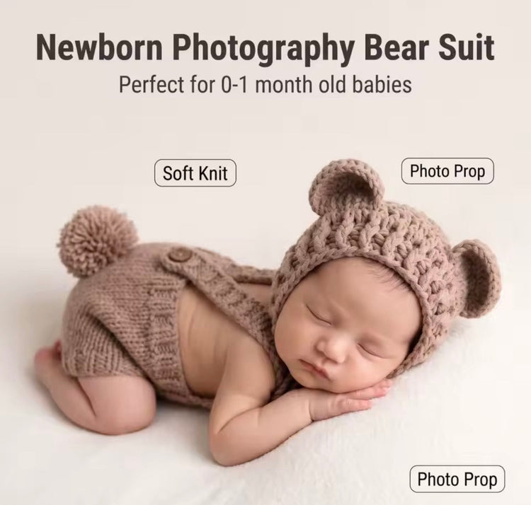 Newborn Bear Photography Outfit – Knit Teddy Romper & Bear Ear Hat Set Hippo Boutique