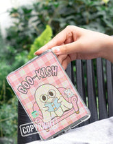Glossy 6” Kindle insert with pink plaid background and cartoon ghost reading book design. - Kindle Insert - Ghost Bookish
