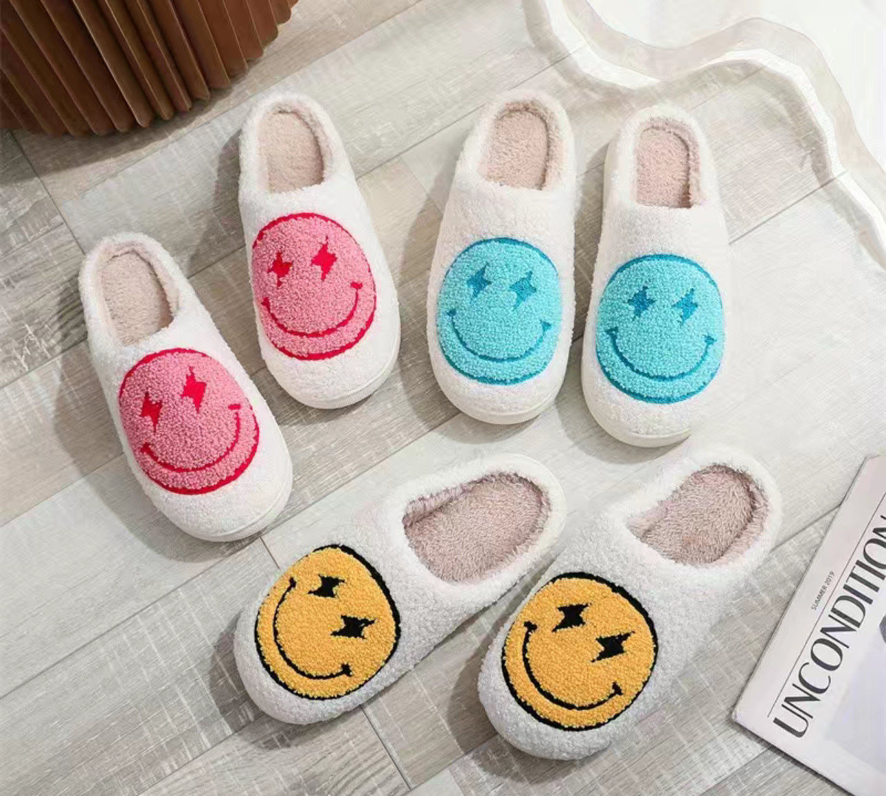 Women’s Fuzzy Smiley Slippers Hippo Boutique