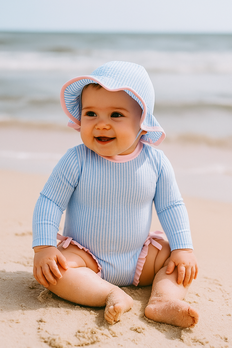 Newborn Baby & Toddler striped Zip Up Swimsuit with hat and bows Hippo Boutique
