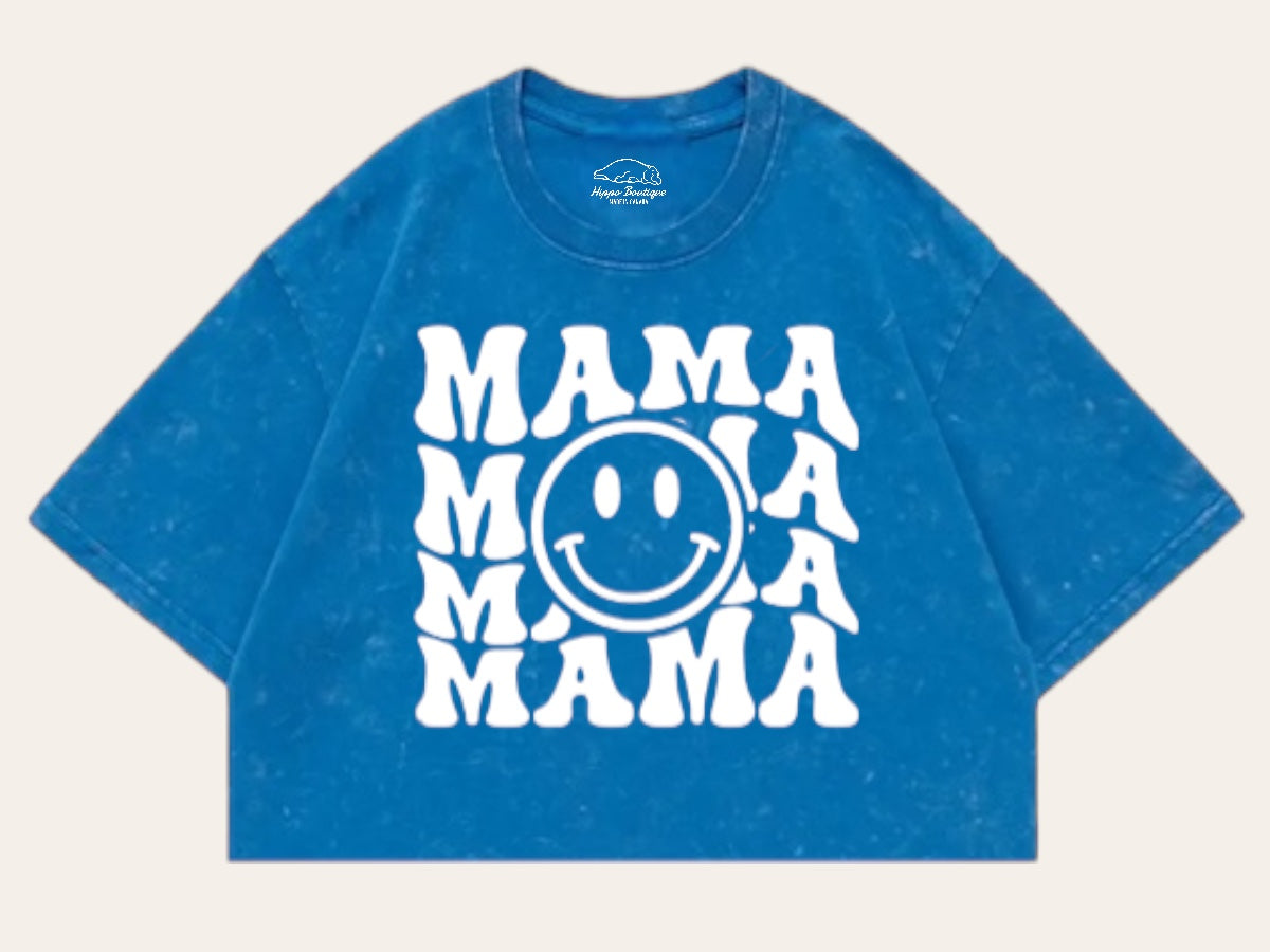 Retro Mama Smile Acid Washed 100% Cotton Oversized Cropped T-Shirts Hippo Boutique