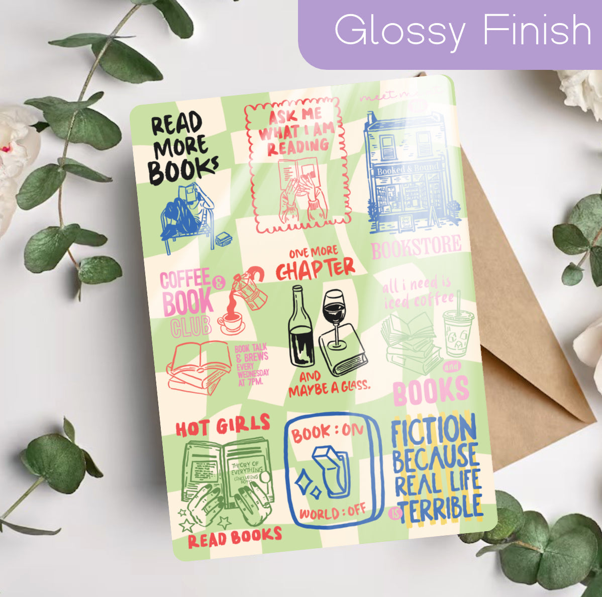 Kindle Insert - Green Checkered Hand Drawn Bookish Hippo Boutique