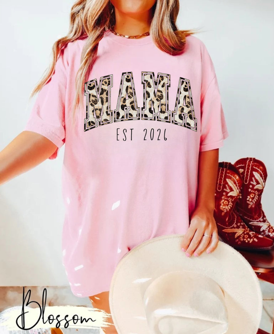 Leopard Print Mama with EST Date Women’s T-Shirt Hippo Boutique